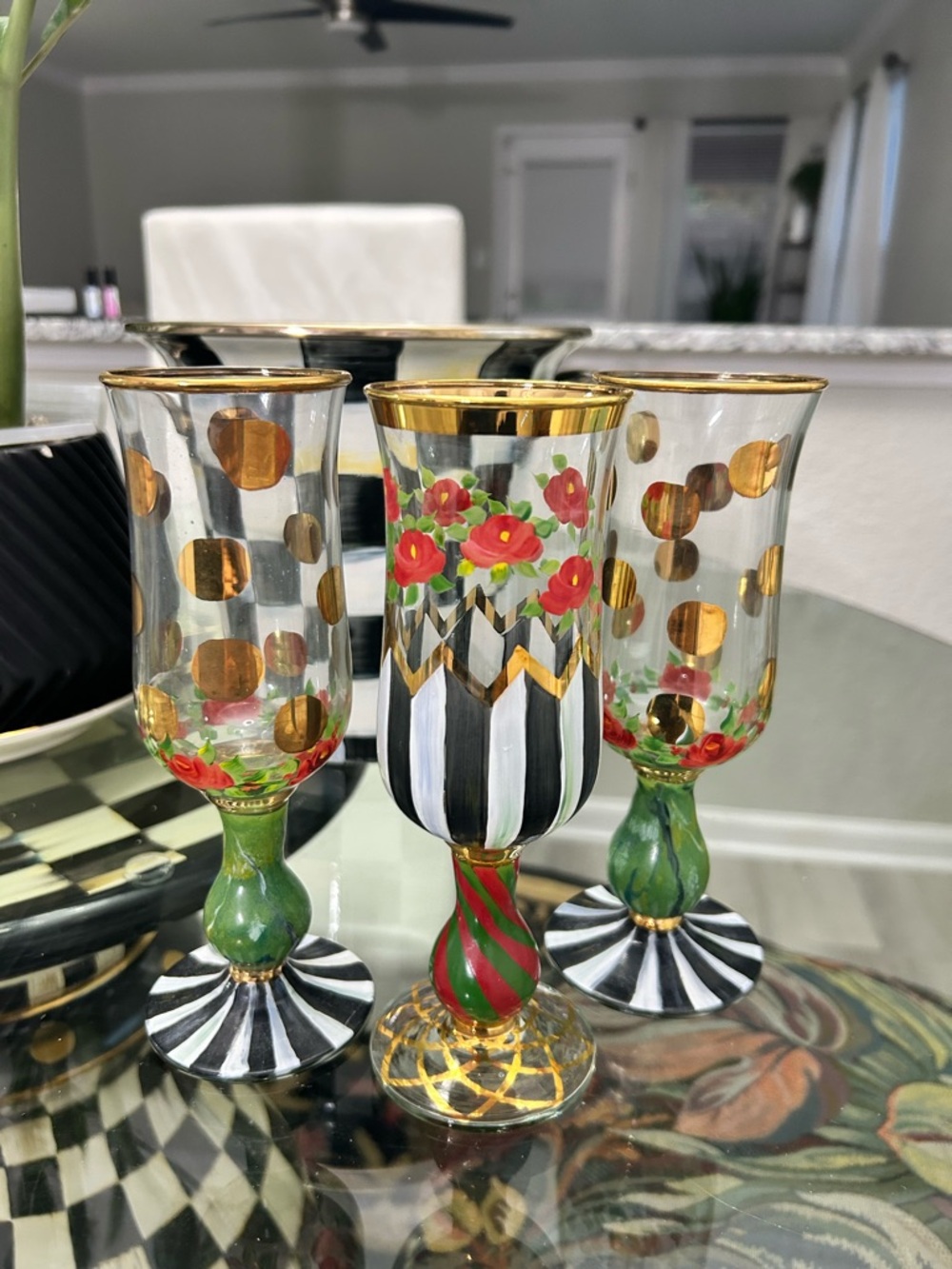 MacKenzie-Childs Champagne Flutes Set of 3 – Stamped Artisan Glass – Red & Green